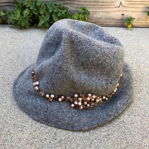 Wool Blend Fedora Felt Hat Women's One Size Grey Cap Beads - Picture 1 of 8